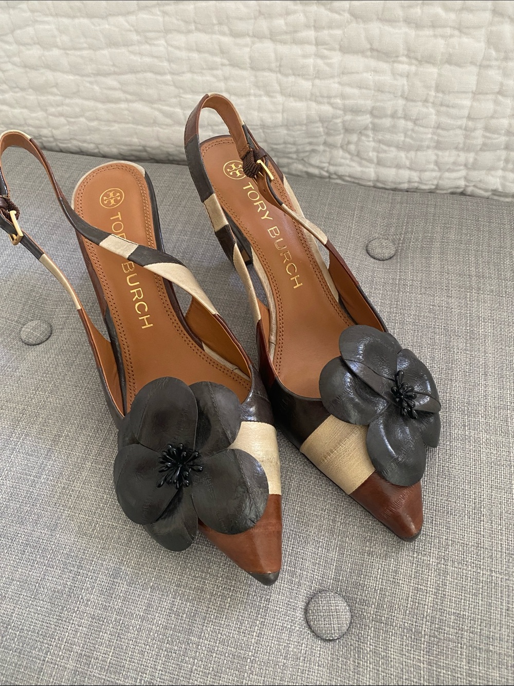 Tory Burch Brown and Black Floral Pointed Slingback Pumps